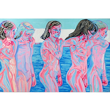 prompt: a group of teenage girls on the beach